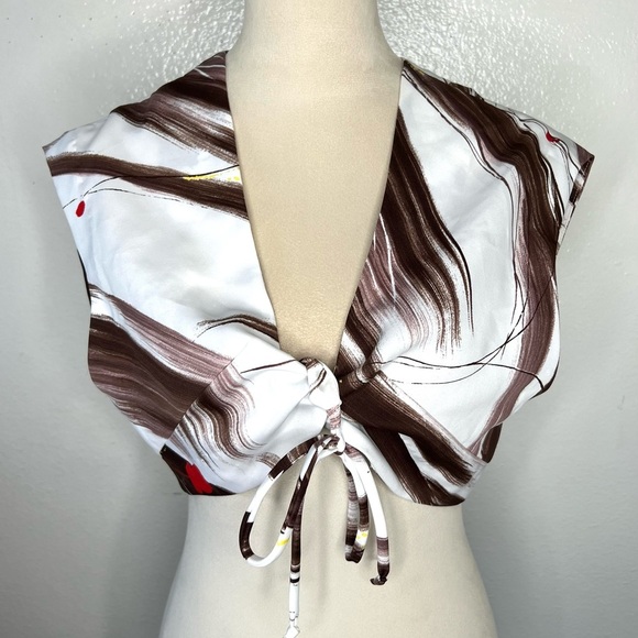 VINTAGE 1970s Holo-Holo Crop Tie Front Top Hawaiian Brown White Vtg 70s Size 16 - Picture 1 of 8